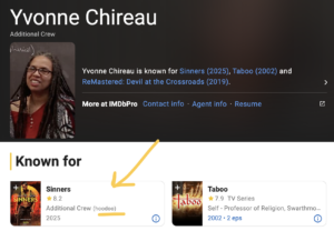 screenshot of imdb page showing Chireau as hoodoo consultant